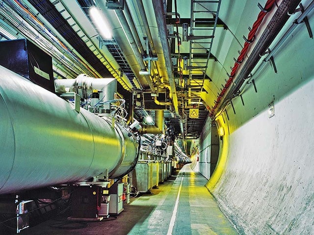 Large Hadron Collider (LHC) Tunnel: Is the world's largest and most powerful particle collider built by the European Organization for Nuclear Research (CERN). It lies in a tunnel 27 kilometers (17 mi) in circumference, as deep as 175 meters (574 ft) beneath the Franco-Swiss border near Geneva, Switzerland.