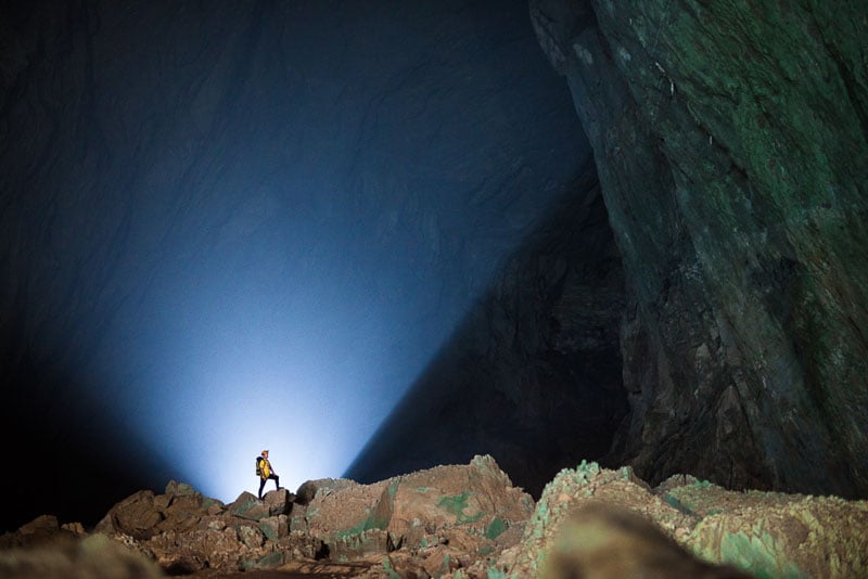 The powerful X-LED lights at work inside Son Doong. Photo by Mats Kahlström