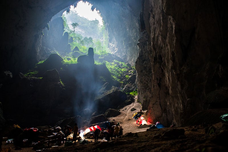Waking up in camp below the second doline (sinkhole) inside Son Doong. Photo by Martin Edström