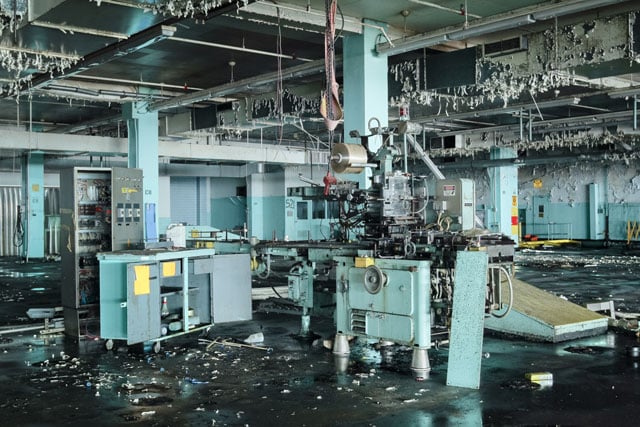 Paint peels in the now-demolished packaging plant of Williamsburg's Domino Sugar Refinery. The factory operated on the Brooklyn waterfront for nearly 150 years before shutting down in the early 2000s.