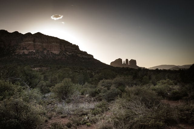 The Dynamic range of the Fuji X-Trans sensor (its ability to record highlight and shadow information) is nothing short of remarkable. Here, shooting into the sunset toward Cathedral Rock from Phone Trail in Sedona, AZ...