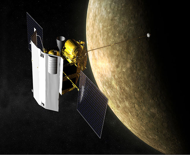 An artist's rendering of MESSENGER orbiting Mercury.