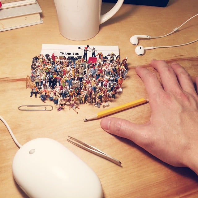 A behind-the-scenes photo showing the size of the miniatures used.