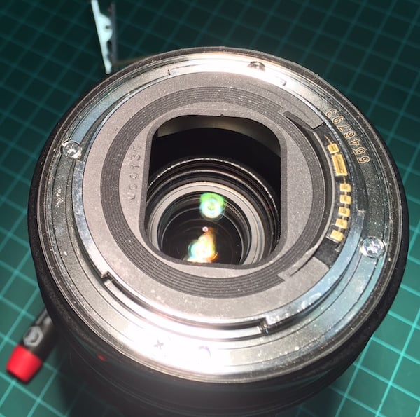 Rear of the Canon 24-105mm showing anything that wants can get inside the lens around the rear group. A lot of lenses are similar to this one, but every lens ever made has openings.
