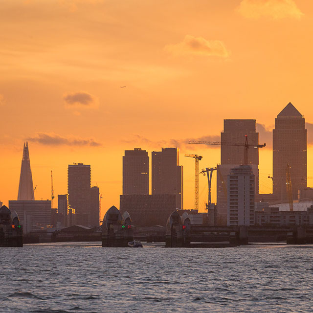 Thames Barrier and central London from Woolwich