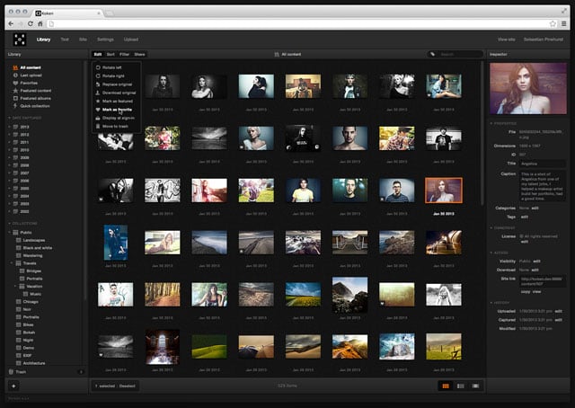 The library interface inside Koken, where photographers can manage their photos and website.