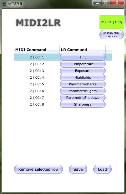 A screenshot of MIDI2LR