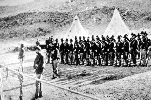 US Army at Gillems Camp, Lava Beds National Monument, 1873, representative of what Stapleton would have been doing around that time. Photographer unknown, archived by NPS.
