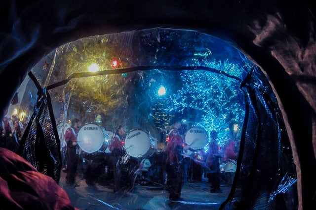 11/15/14 At Rockefeller Center for the first time, a drummers band apperars suddenly.
