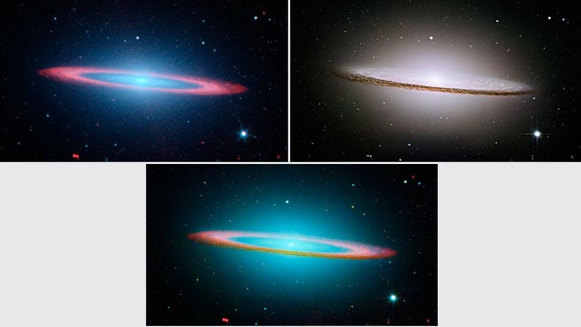 Hubble (top left) and Spitzer (top right) photos combined to create a final image of the Sombrero Galaxy, M104.