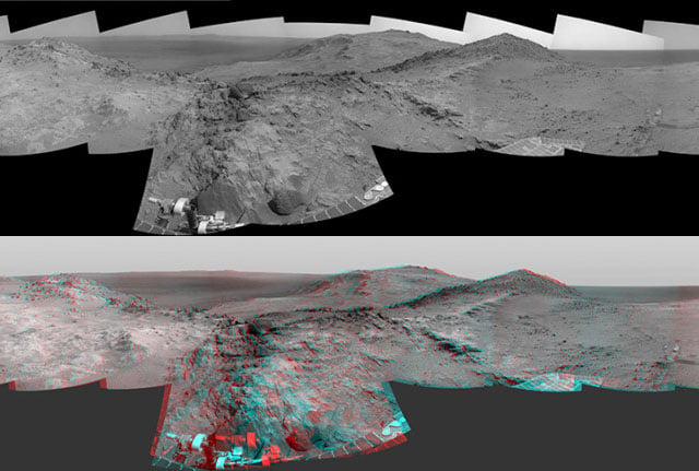 Before and after: an original composite and a 3D-glasses-required, enhanced view of ‘Marathon Valley’ taken by the Mars Exploration Rover Opportunity on March 3-4, 2015. Credit: NASA/JPL-Caltech.