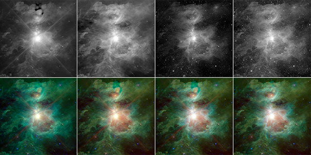 The Orion Nebula, M42. From left to right: (top) Red, green, cyan, blue,  (bottom) raw 3-channel, level adjustment, 4th cyan channel, and final Photoshop composite. Credit: NASA/JPL-Caltech/UCLA.