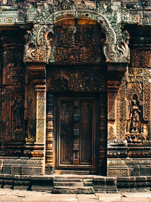 The amazing carvings of Banteay Srei, the citadel of woman. Considered the most beautiful of all the temples and the carvings some of the most intricate to be found anywhere in the world.