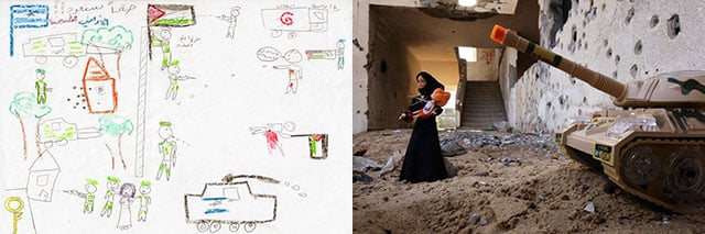 McCarty turned a drawing by a 9-year-old girl (left) into a photo titled "Mother of Violence" (right).