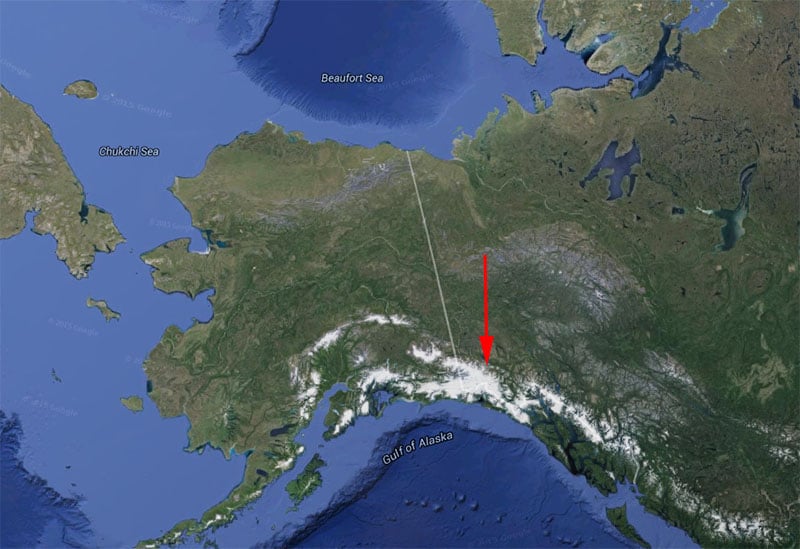 The location of the glaciers, as seen in Google Maps.