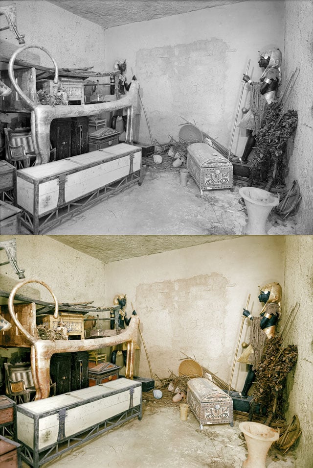 A gilded lion bed, clothes chest and other objects in the antechamber. The wall of the burial chamber is guarded by statues.