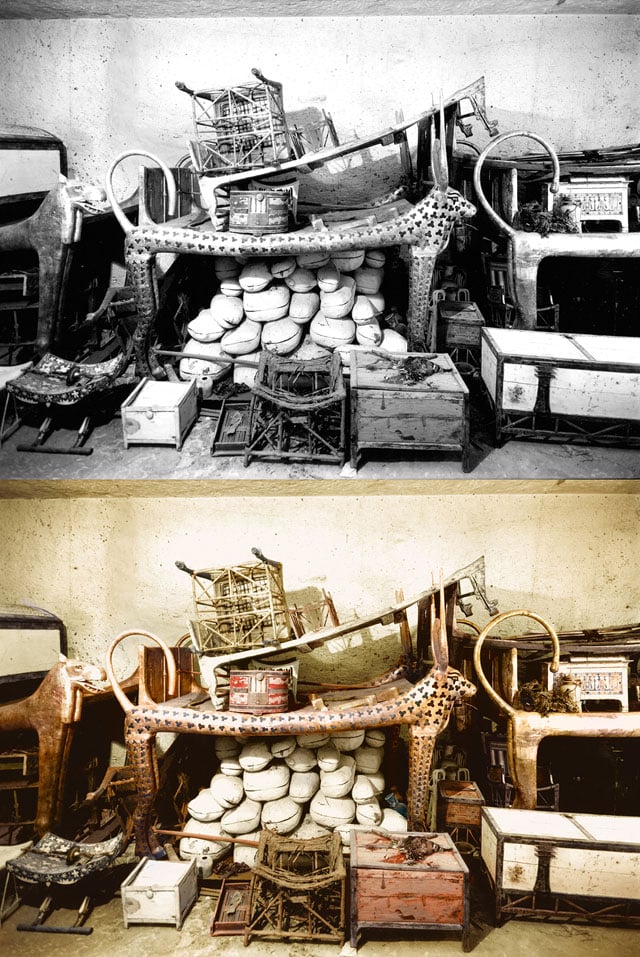 Under the lion bed in the antechamber are several boxes and chests, and an ebony and ivory chair which Tutankhamun used as a child.