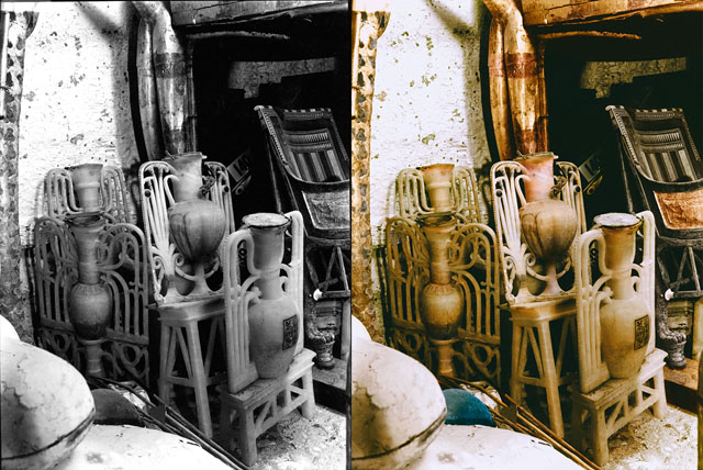 Ornately carved alabaster vases in the antechamber, containing perfume.