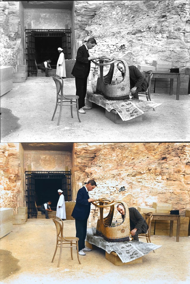 Arthur Mace and Alfred Lucas work on a golden chariot from Tutankhamun's tomb outside the "laboratory" in the tomb of Sethos II.