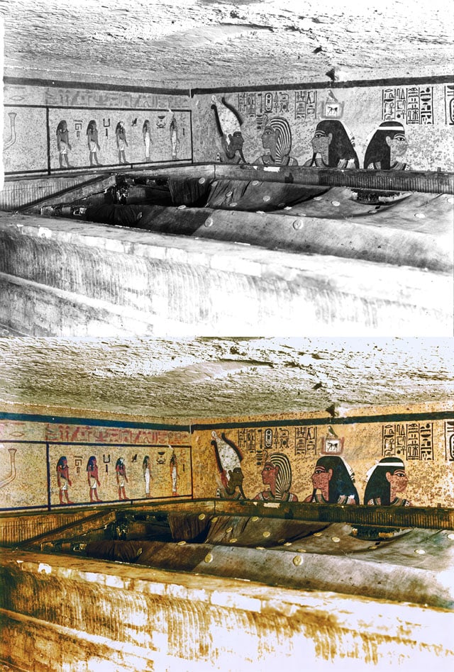 Inside the outermost shrine in the burial chamber, a huge linen pall with gold rosettes, reminiscent of the night sky, covers the smaller shrines within. The mural upon right northern wall depicts three scenes of Tutankhamun in the guise of Osiris, with Ay, the new Pharaoh performing the 'opening of the mouth ceremony'. On the left western wall are shown various Egyptian deities such as Horus and Maat.