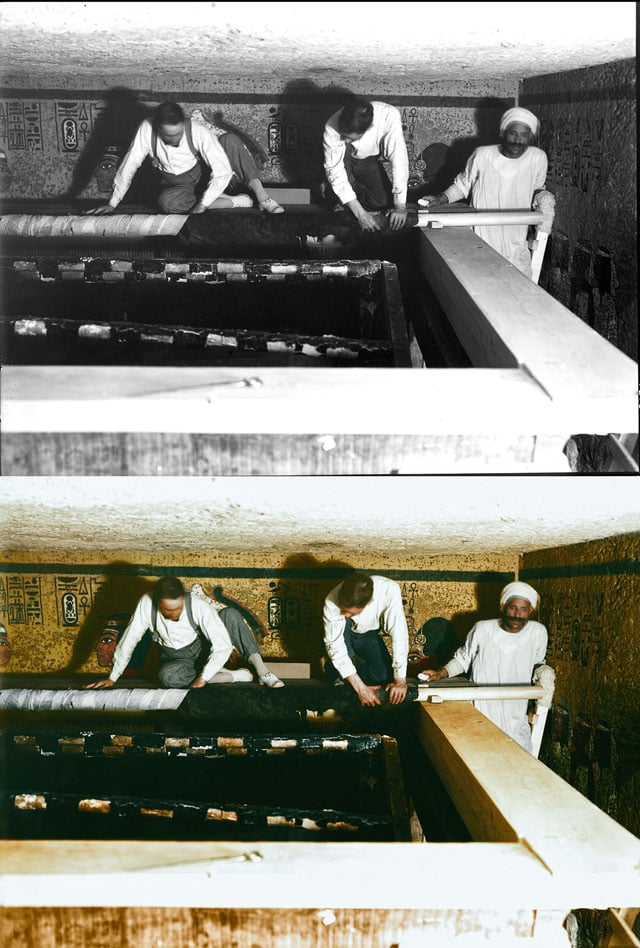 Carter, Mace and an Egyptian worker carefully roll up the linen pall covering the second shrine.