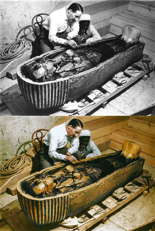 Carter and a worker examine the solid gold innermost sarcophagus, shown within a gilded, laminated wood coffin of different coloured glass.