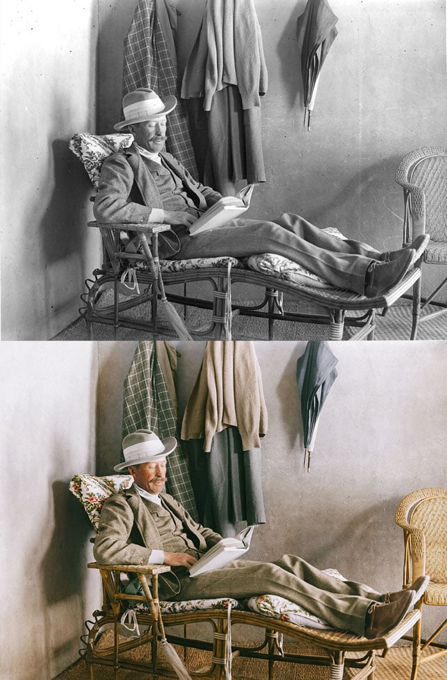 Lord Carnarvon reads on the veranda of Carter's house near the Valley of the Kings.