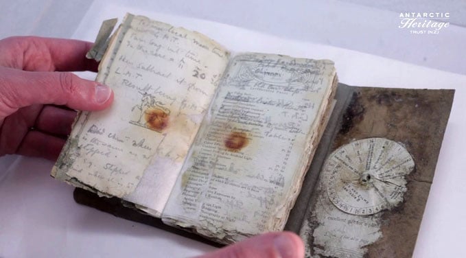 Levick's notebook from a century ago. Photo by the Antarctic Heritage Trust.