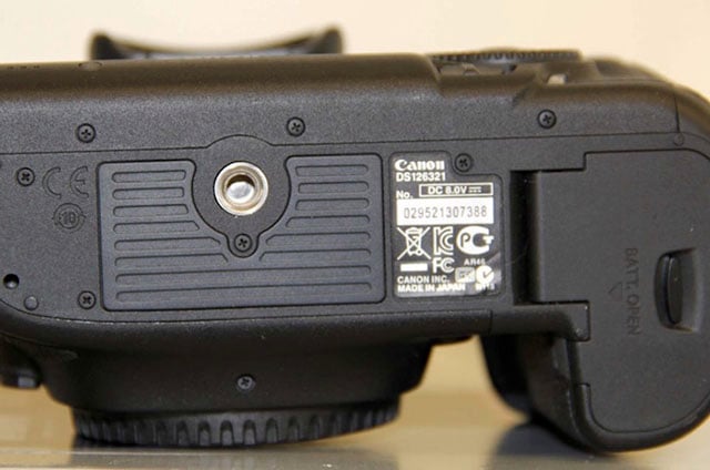 A Canon 5D Mark III with a counterfeit serial number on the bottom. Photo by Canon USA.