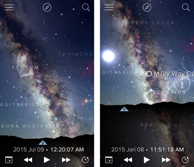 Using the Sky View app, I can see that the Milky Way core is best viewed in July vs. January.