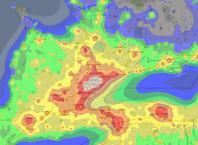 An example of a light pollution map that shows heavily light polluted areas in white.