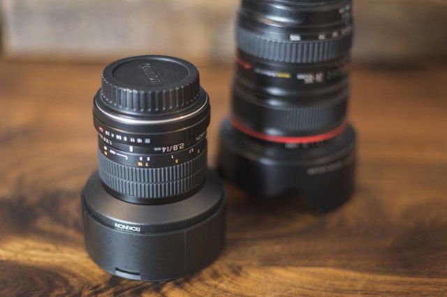 The Rokinon 14mm f/2.8 in front and the Canon 24–105mm f/4L lens in back