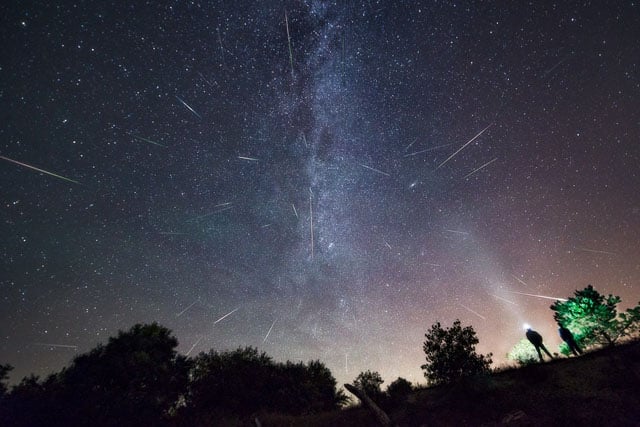 14mm, f/2.8, 30s, ISO3200 in a yellow zone. This is a composite image from the Perseid Meteor Shower.