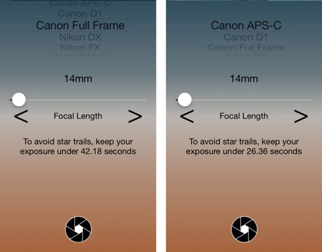 A screenshot of the Dark Skies app that calculates the 500,600 rule for us. The image shows a full frame vs. cropped frame with the same 14mm lens. Big difference in exposure time.