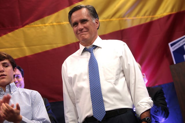 Former Governor Mitt Romney speaking at a victory rally with State Treasurer Doug Ducey at the Mesa Convention Center in Mesa, Arizona.