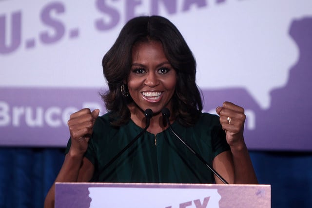 First Lady of the United States Michelle Obama speaking at an "Iowa Votes Rally" for U.S. Senate candidate Bruce Braley at the University of Iowa in Iowa City, Iowa.