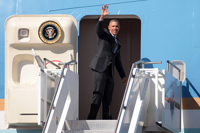 President Barack Obama boarding Air Force One and departing Phoenix Sky Harbor Airport in Phoenix, Arizona.