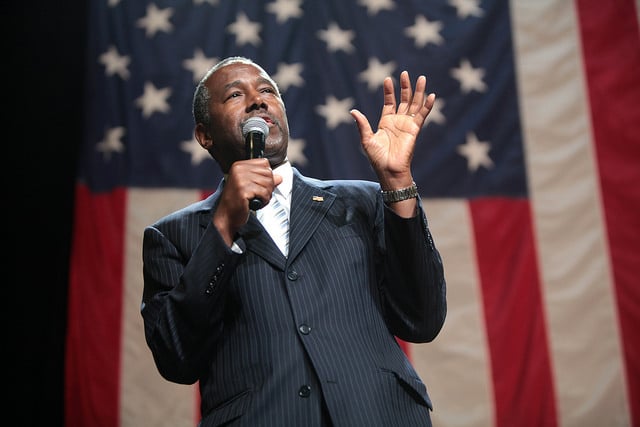 Ben Carson speaking with supporters at a campaign rally at the Phoenix Convention Center in Phoenix, Arizona.