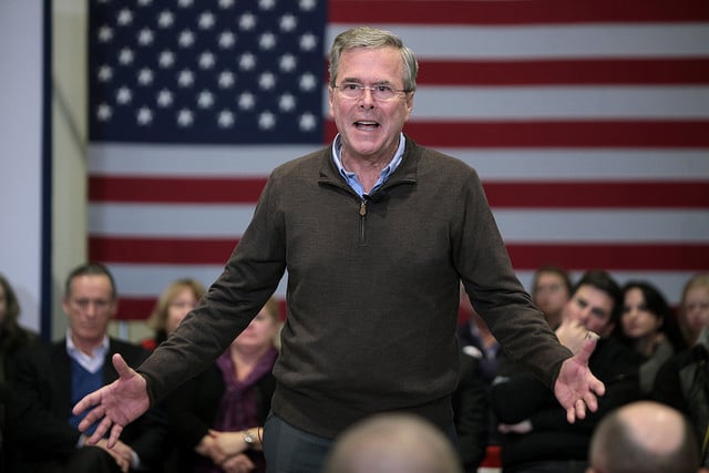 Former Governor Jeb Bush speaking with supporters at a town hall meeting at the FFA Enrichment Center in Ankeny, Iowa.