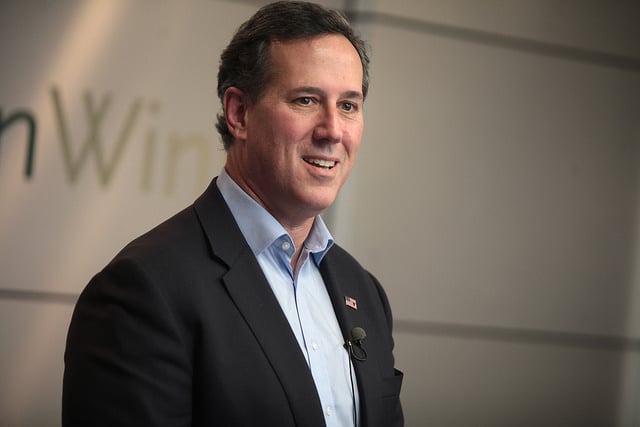 Former Senator Rick Santorum speaking with supporters at a town hall meet and greet at BrownWinick in Des Moines, Iowa.