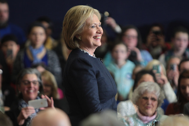 Former Secretary of State Hillary Clinton speaking with supporters at a town hall meeting at Hillside Middle School in Manchester, New Hampshire.