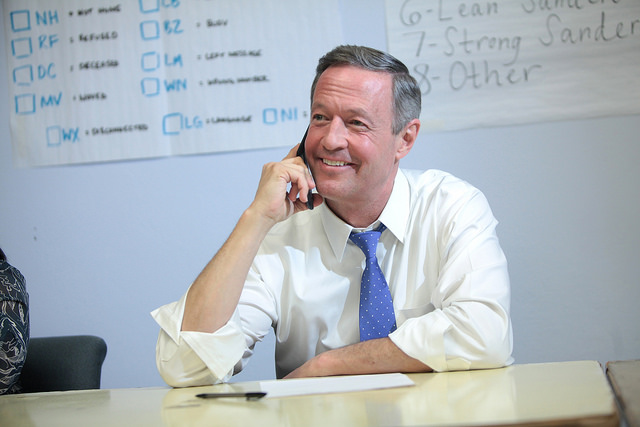 Former Governor Martin O'Malley speaking with supporters at a volunteer phone bank at his New Hampshire headquarters in Manchester, New Hampshire.