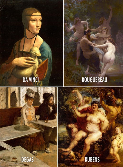 Paintings by Da Vinci, Bouguereau, Degas, Rubens