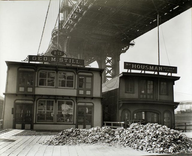 Oyster Houses, South Street and Pike Slip, Manhattan. George M. Still and N.P. Housman Oyster Co.'s with piles of oyster shells in front and the Manhattan Bridge above.