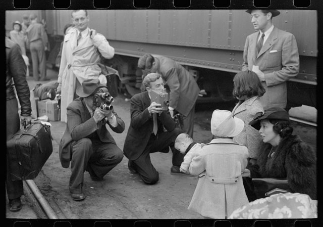 Los Angeles, California. Japanese-American evacuation from West Coast areas under U.S. Army war emergency order. Photographers at the train taking Japanese-Americans to Owens Valley. Photo by Russell Lee.