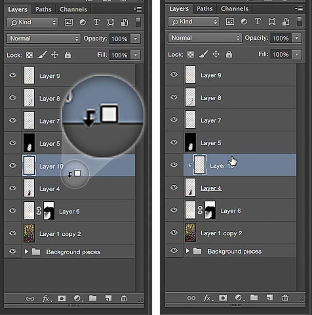 Left: Where to click. Right: How it looks after clipping mask is applied