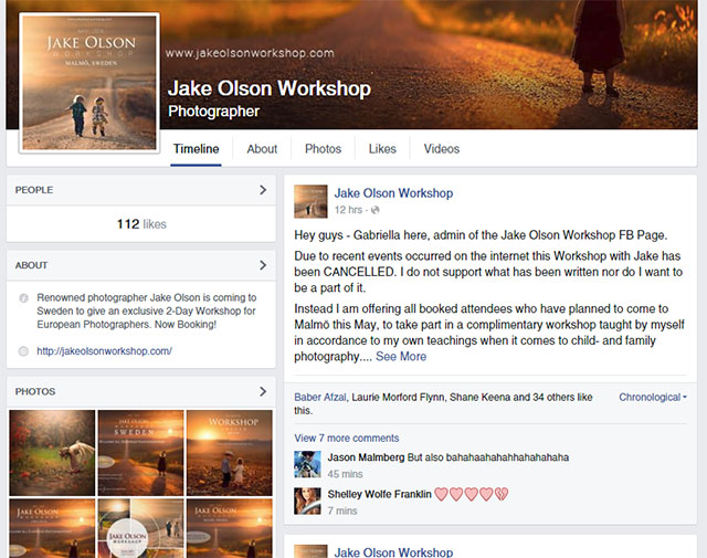A screenshot of a deleted Facebook announcement about a canceled workshop in Sweden.
