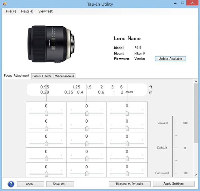 Tamron TAP-in Utility Software screenshot. Image by DPReview.
