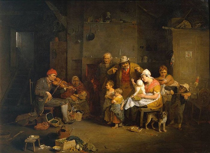 David Wilkie illustrates some masses coming together to create triangles, as well as re-iterating every point about tone and chiaroscuro above. Notice the round dark pot on the wall completing a triangle as well contrasting with the white headgear, and so on.