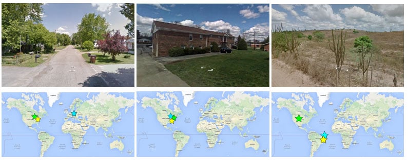 Top: GeoGuessr panorama, Bottom: Real location (yellow), human guess (green), PlaNet guess (blue).